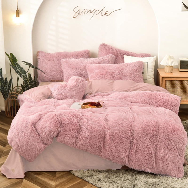 MorroMorn 5 PCS Shaggy Duvet Cover Bedding Set  Fluffy Comforter Cover Long Faux Fur Luxury Ultra Soft Cozy Blush FullQueen