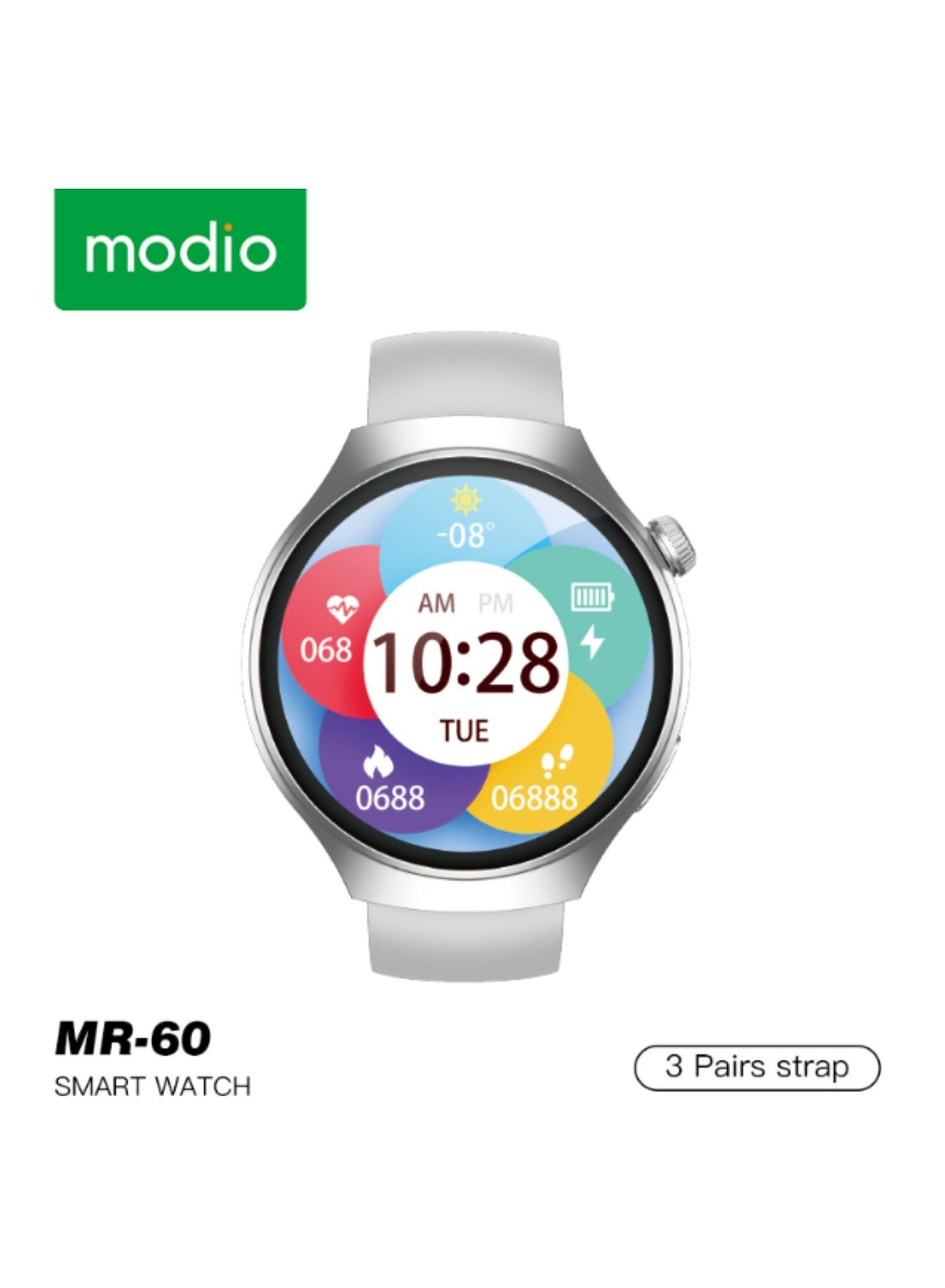 modio MR-60 2.5D Curved Display Smartwatch – 4G SIM, Bluetooth Calling, Wireless Charging, Fitness Tracker, Multiple Straps – Silver