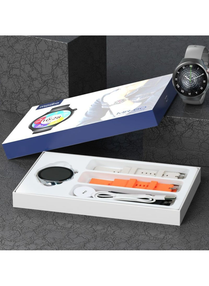 modio MR-60 2.5D Curved Display Smartwatch – 4G SIM, Bluetooth Calling, Wireless Charging, Fitness Tracker, Multiple Straps – Silver - Image 4