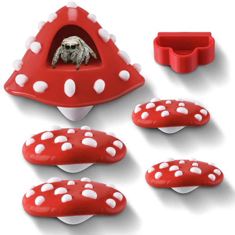 Feekoon Cute Jumping Spider Enclosure Accessories, 6 Pcs Jumping Spider Decor Kit with Mushroom Hide, Platforms and Feeder Dish, Adorable Hideout with Magnetic Mounting for Tarantula, Small Animals - Image 1