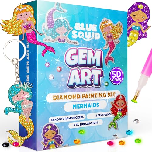 Blue Squid Diamond Art Kits for Kids – Mermaid - Fun & Easy DIY 5D Gem Art Gift Set for Keychains, Stickers, Sun Catchers - Diamond Painting Kit Arts & Crafts Kit for Kids, Girls, Boys Ages 6-12 - Image 1