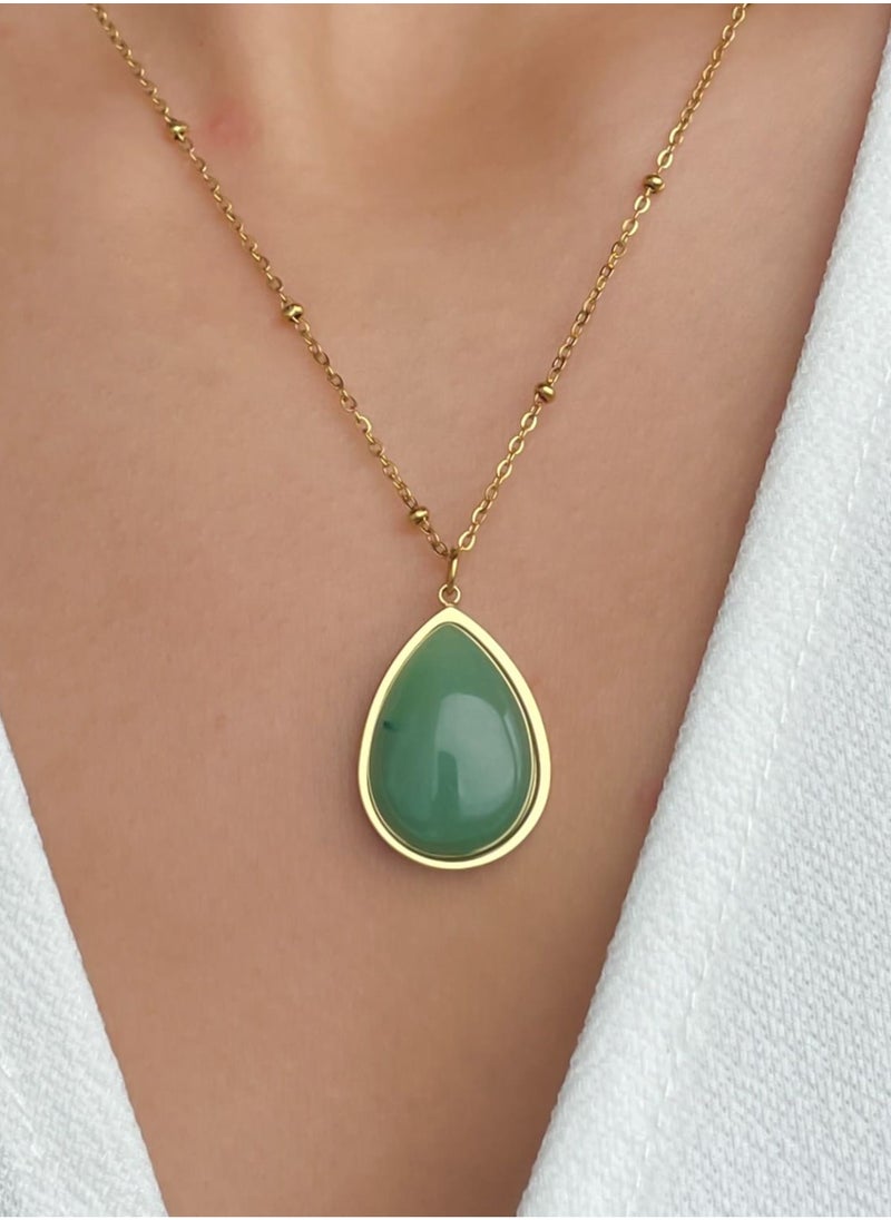 Clé de Lune - Vibrant Green Jade Natural Semi-Precious Gemstone Drop Pendant Necklace - Image 1