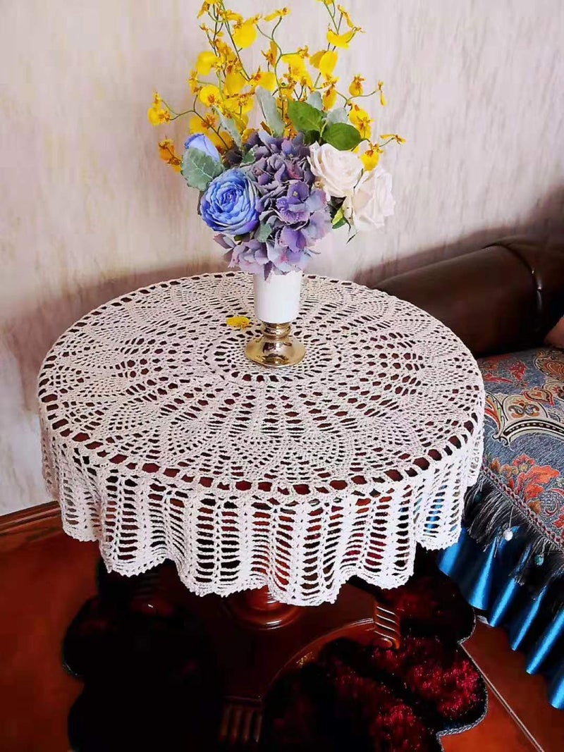 USTIDE Handmade Crochet Cotton Tablecloth Round Beige Crochet Tablecloths for Wedding 31 Inches - Image 5