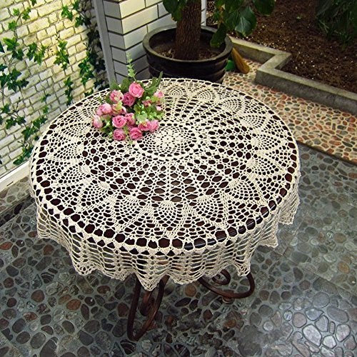 USTIDE Handmade Crochet Cotton Tablecloth Round Beige Crochet Tablecloths for Wedding 31 Inches - Image 1