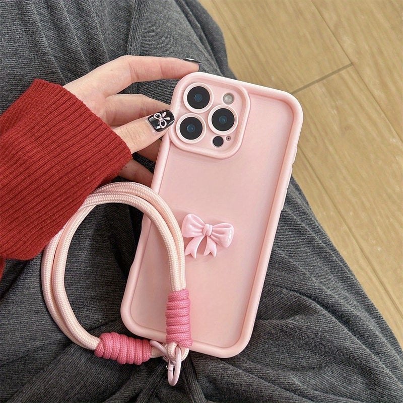 Hot Pink Phone Case with Hand Strap Bowknot Design for iPhone 16 Plus - Image 4