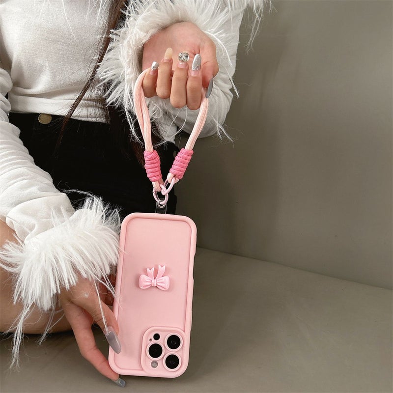 Hot Pink Phone Case with Hand Strap Bowknot Design for iPhone 16 Plus - Image 2
