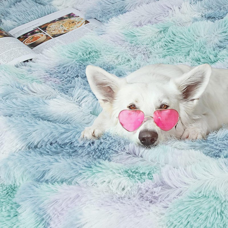 Tuddrom Decorative Extra Soft Faux Fur Blanket Twin Size,Solid Reversible Fuzzy Lightweight Long Hair Shaggy Blanket,Fluffy Plush Fleece Comfy Microfiber Throw Blanket for Couch Sofa Bed,Tie Dye Blue - Image 5