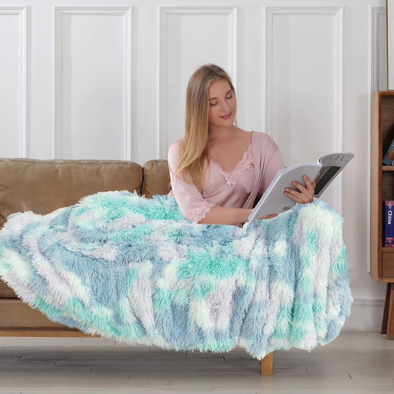 Tuddrom Decorative Extra Soft Faux Fur Blanket Twin Size,Solid Reversible Fuzzy Lightweight Long Hair Shaggy Blanket,Fluffy Plush Fleece Comfy Microfiber Throw Blanket for Couch Sofa Bed,Tie Dye Blue - Image 2