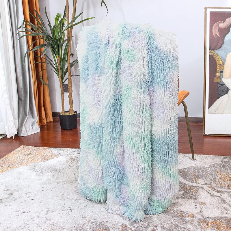 Tuddrom Decorative Extra Soft Faux Fur Blanket Twin Size,Solid Reversible Fuzzy Lightweight Long Hair Shaggy Blanket,Fluffy Plush Fleece Comfy Microfiber Throw Blanket for Couch Sofa Bed,Tie Dye Blue - Image 4