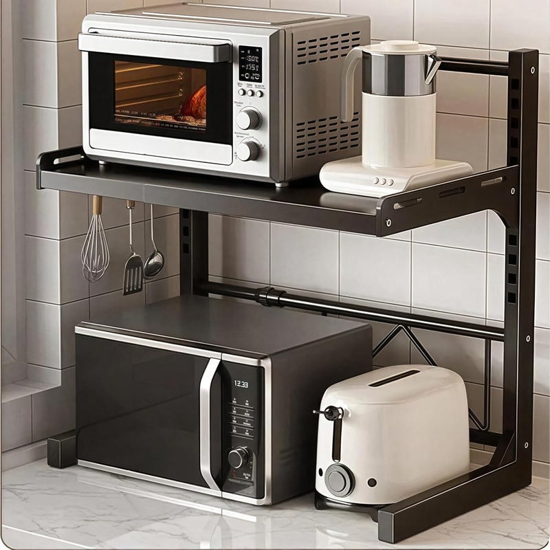 Jorunb Metal Microwave Oven Rack Shelf Expandable Kitchen Supplies Tableware Storage Counter Space Saver Cabinet Organizer Spice Holder with 6 Hooks Chopping Block Frame Tool Holder Chopsticks Tube - Image 2
