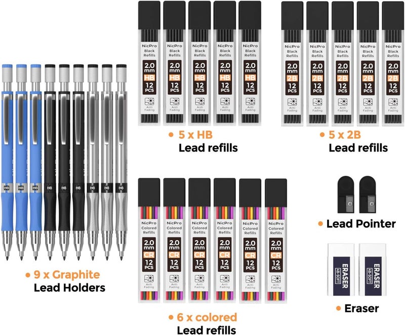 Nicpro مجموعة أقلام رصاص ميكانيكية 29 قطعة 2 مم، 9 قطعة أقلام نجارة 2.0 مم للرسم الفني والتخطيط مع 192 إعادة تعبئة رصاص مسبقة الشحذ HB و 2B وألوان، 2 ممحاة، 2 شSharpener - Image 2