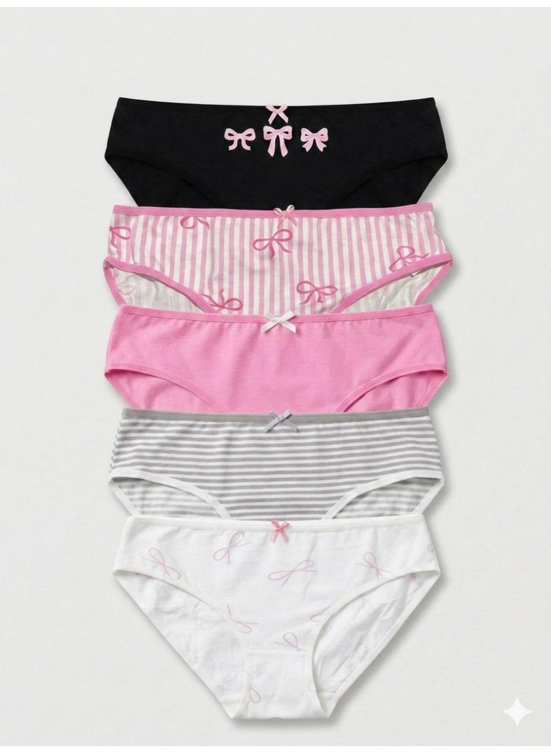 Vanilla Women's Underwear 5-Pack, Cotton Bikini, Pink and Black with Bow Design, Striped and Solid - Image 1