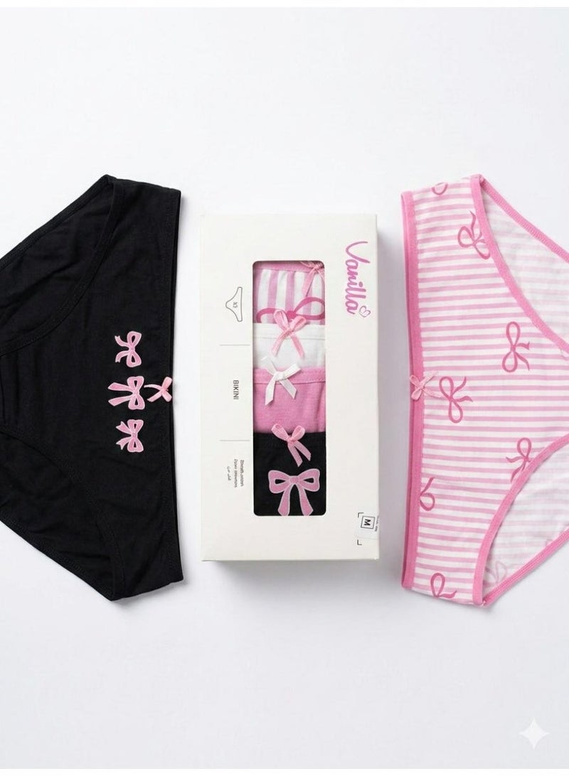 Vanilla Women's Underwear 5-Pack, Cotton Bikini, Pink and Black with Bow Design, Striped and Solid - Image 2