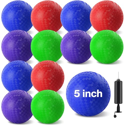 HSLCGF 12 Pcs Dodgeballs 5 Inch Kickball Playground Ball 4 Colour Inflatable Rubber Handball Dodge Ball with 1 Hand Pump for Outdoors Ball Games Gym Camps Picnic (Needle is at The Top of The Pump) - Image 1
