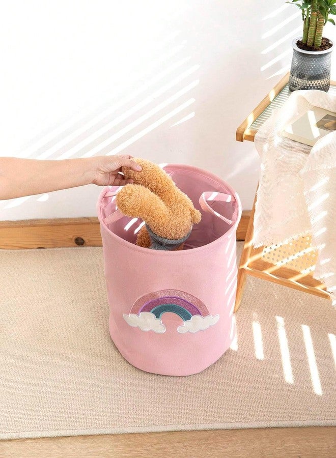 Shopster سلة تخزين ألعاب بتصميم قوس قزح لطيف من شوبستر، سلة غسيل للأطفال، سلة حضانة، لعبة قابلة للطي دائرية الشكل من القماش بتصميم كرتوني لطيف ومقاوم للماء، منطقة لعب بقطر 13 بوصة وارتفاع 16 بوصة (قوس قزح وردي) - Image 4