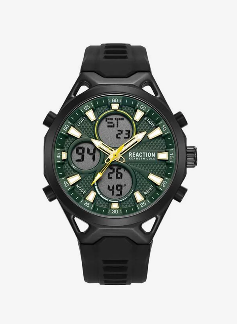 Kenneth Cole Reaction Green Dial Black Silicone Strap Analog-digital Watch for Men, 45mm