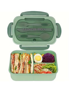 Generic Children's And Adults' Lunch Box With Spoon And Fork, 1.4L Leak Proof, 3 Compartments, Microwave, Dishwasher And Refrigerator, Green  - Image 1