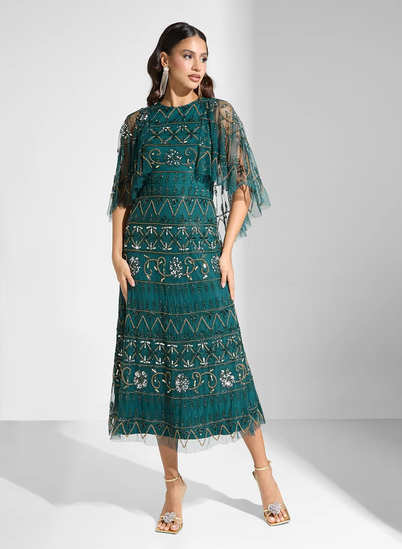 Frock and Frill Embellished Green Midi Dress