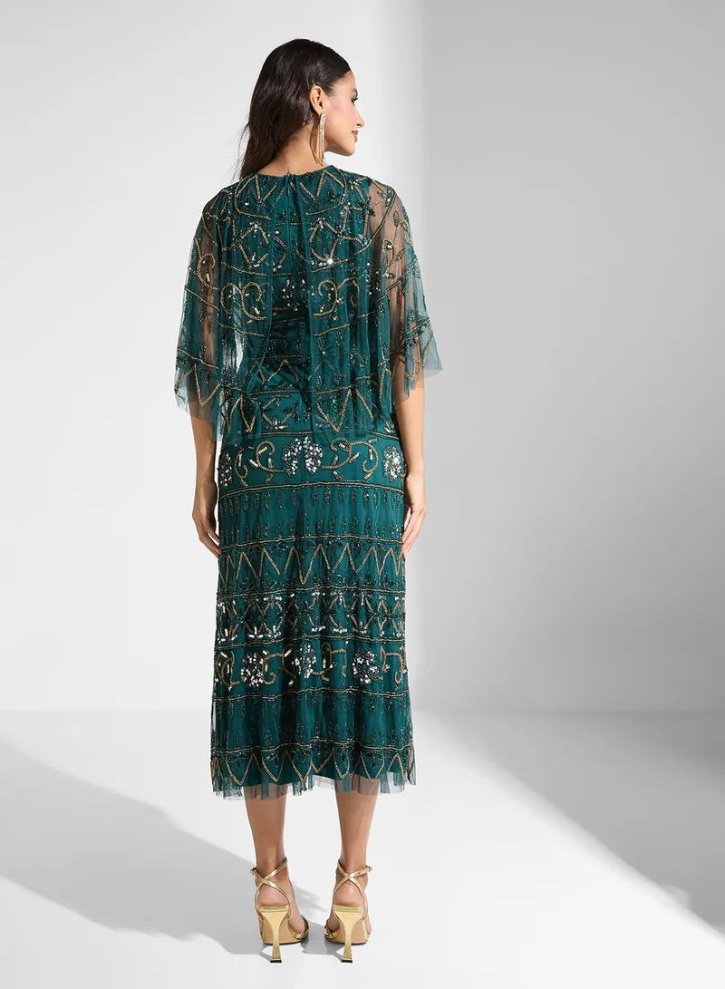 Frock and Frill Embellished Green Midi Dress