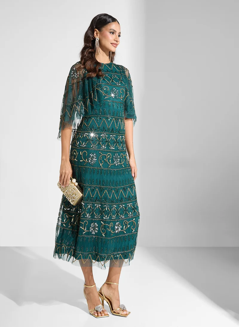 Frock and Frill Embellished Green Midi Dress