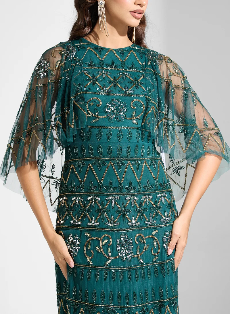 Frock and Frill Embellished Green Midi Dress