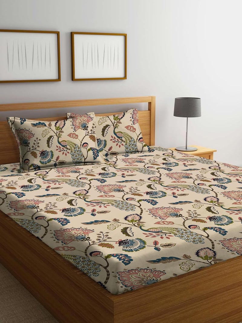 DECOMIZER DECOMIZER XL Microfiber Soft Cotton Queen Bedsheet for Double Bed Queen Size 90 Inches X 100 Inches 230 X 250 cm with 2 Large Size Pillow Covers Without Joint Beige Anokhi 