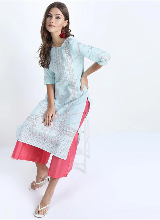 Vishudh Women Blue & Pink Floral Printed Kurta by Styli