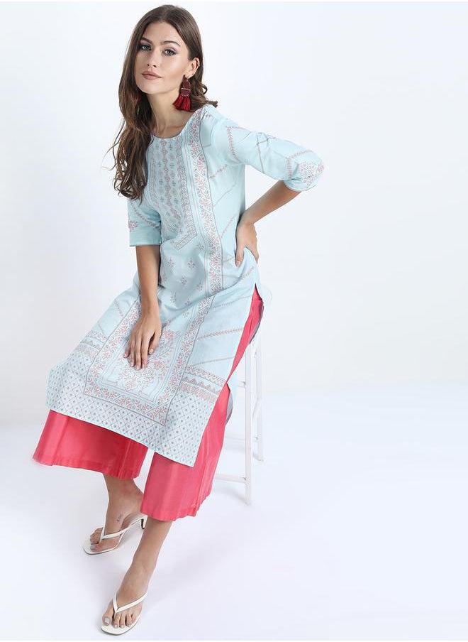 Vishudh - Women Blue & Pink Floral Printed Kurta by Styli - Image 1
