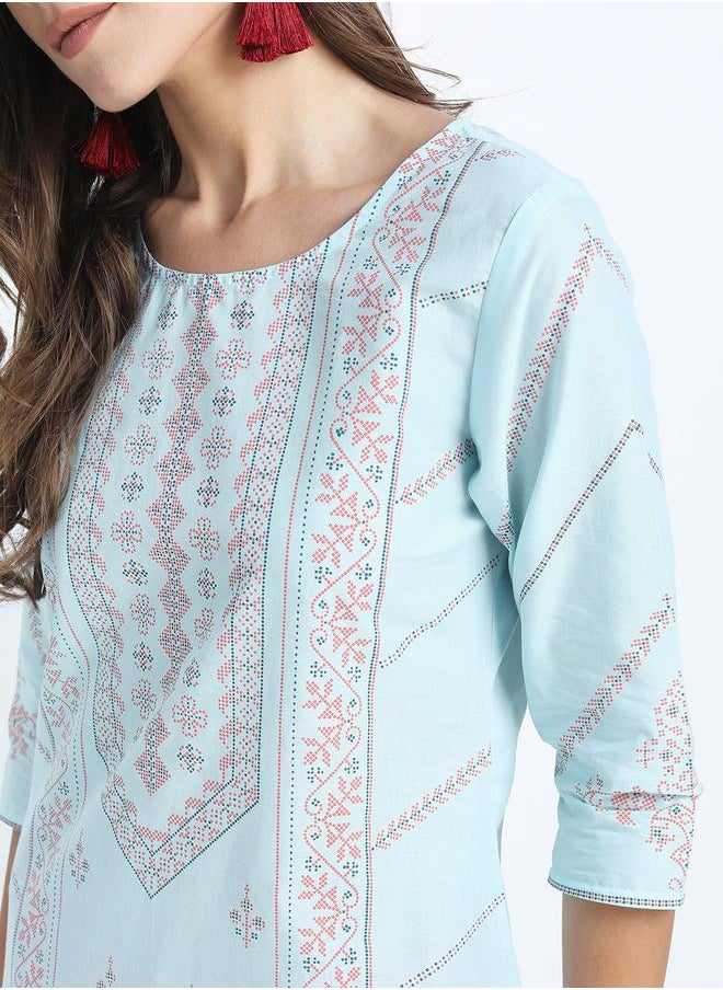 Vishudh - Women Blue & Pink Floral Printed Kurta by Styli - Image 1