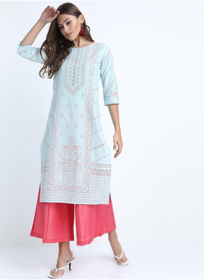 Vishudh - Women Blue & Pink Floral Printed Kurta by Styli - Image 1