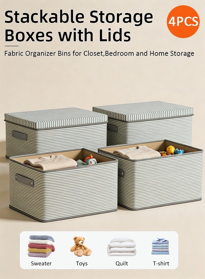 4 PCS Foldable Closet Storage Organizer with lid,Stackable Wardrobe Clothes Organizer for Clothing, Sheets, Toys, Books,Foldable Closet Storage Basket,Washable Closet Storage Boxes with Carrying Handles Cube Stackable Storage Bin for Home Bedroom Office