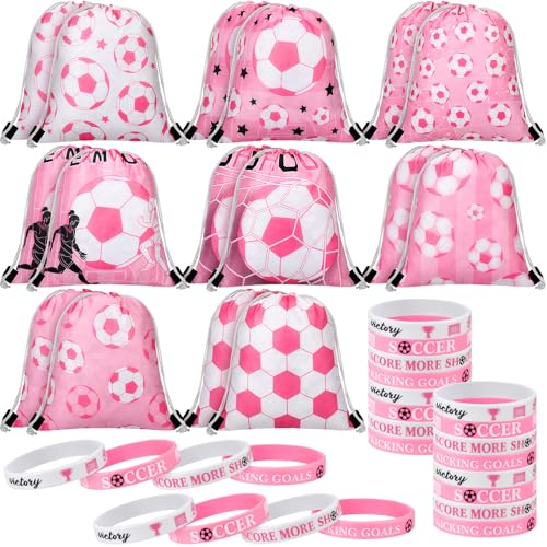 Equsion 32 Pcs Pink Soccer Party Favors Set 16 Drawstring Goodie Bags 16 Silicone Wristband Snack Treat Candy Bags Motivational Bracelets Pink Sports Birthday Party Supplies Decorations for Women - Image 1