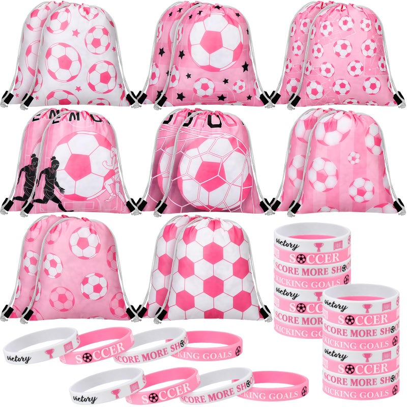 Equsion 32 Pcs Pink Soccer Party Favors Set 16 Drawstring Goodie Bags 16 Silicone Wristband Snack Treat Candy Bags Motivational Bracelets Pink Sports Birthday Party Supplies Decorations for Women - Image 3