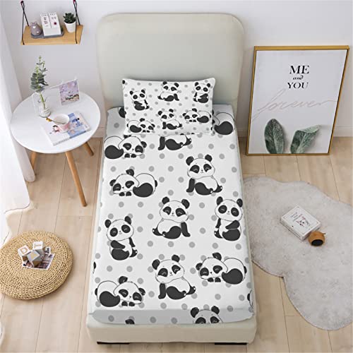 URLINENS Cute Panda Fitted Sheet and Pillowcase Twin Size, Polka Dot Lovely Panda Sheet Set for Kids Boys Girls Teens, Soft Microfiber Cartoon Animal Fun Bedding Decor 2 Piece Kids Bed Sheet - Image 5