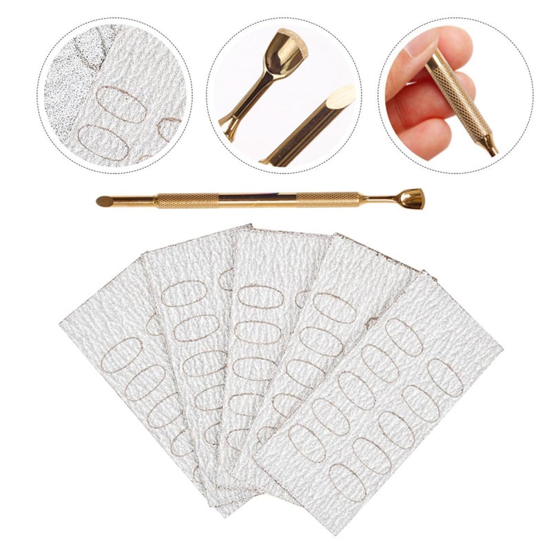Healifty Dual-ended Metal Cuticle Pusher and Remover Large Size Stainless Steel Nail Cleaner Tool with 50 Pcs 240# Sandpaper Pads for Manicure and Pedicure Care - Image 2