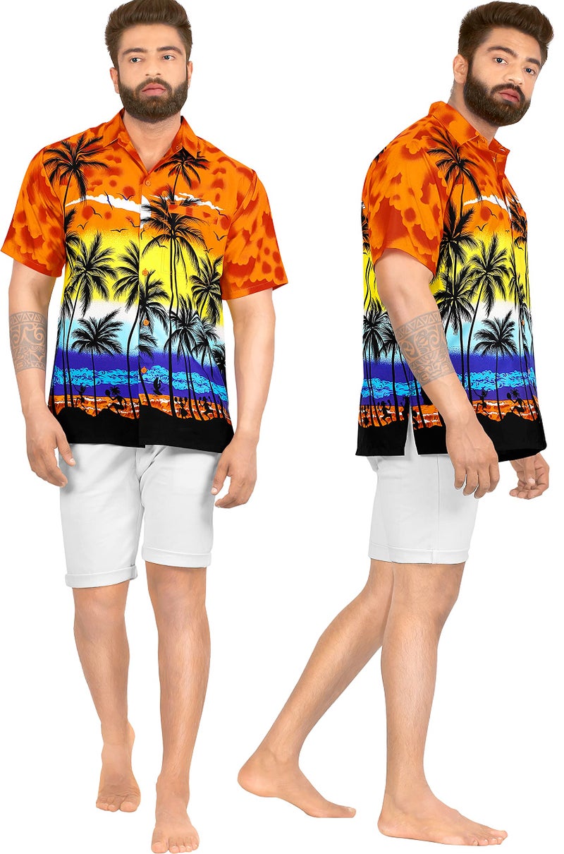 LA LEELA Men's Hawaiian Shirts Short Sleeve Button Down Shirt Mens Casual Shirts Vacation Tropical Beach Shirts for Men Funny XL Island View Orange - Image 2