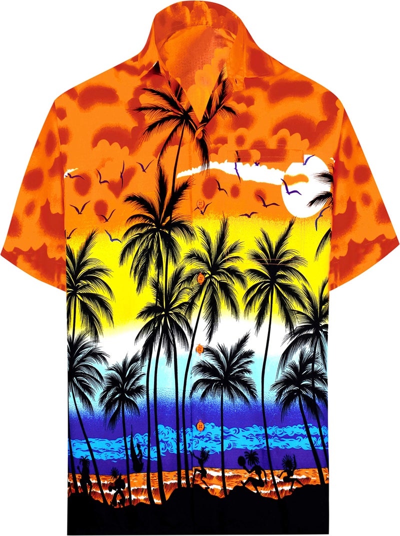 LA LEELA Men's Hawaiian Shirts Short Sleeve Button Down Shirt Mens Casual Shirts Vacation Tropical Beach Shirts for Men Funny XL Island View Orange - Image 1