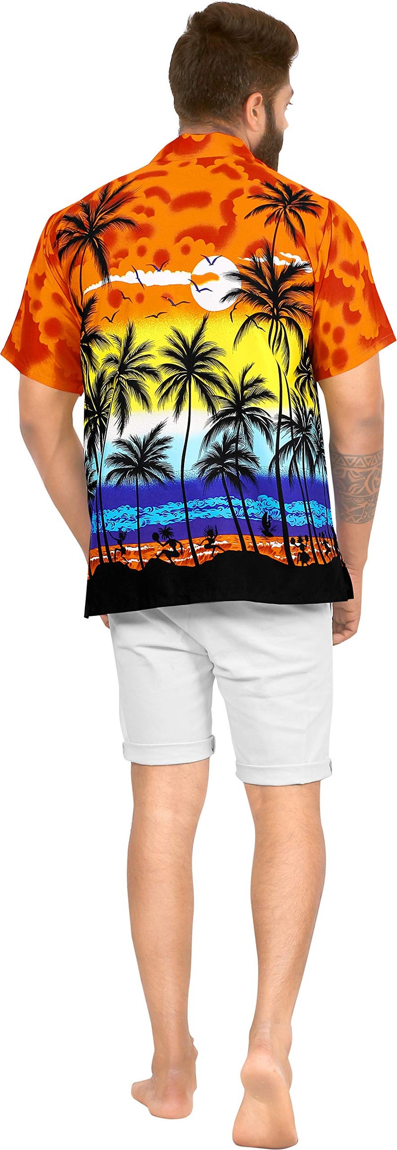 LA LEELA Men's Hawaiian Shirts Short Sleeve Button Down Shirt Mens Casual Shirts Vacation Tropical Beach Shirts for Men Funny XL Island View Orange - Image 4