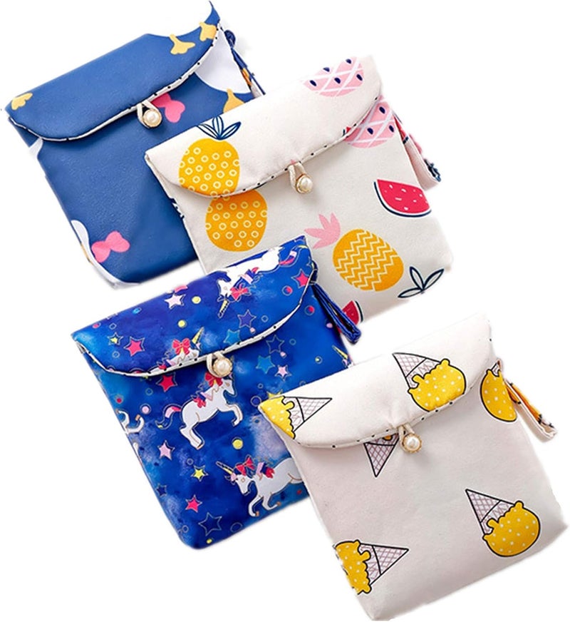 Tiger007 4 Pcs Cute Cotton Sanitary Napkins Bag, Menstrual Cup Pouch, Nursing Pad Holder, 5.1 x 5.1 inch Washable Organizer, Multifunction Purse for Girls Women (A)