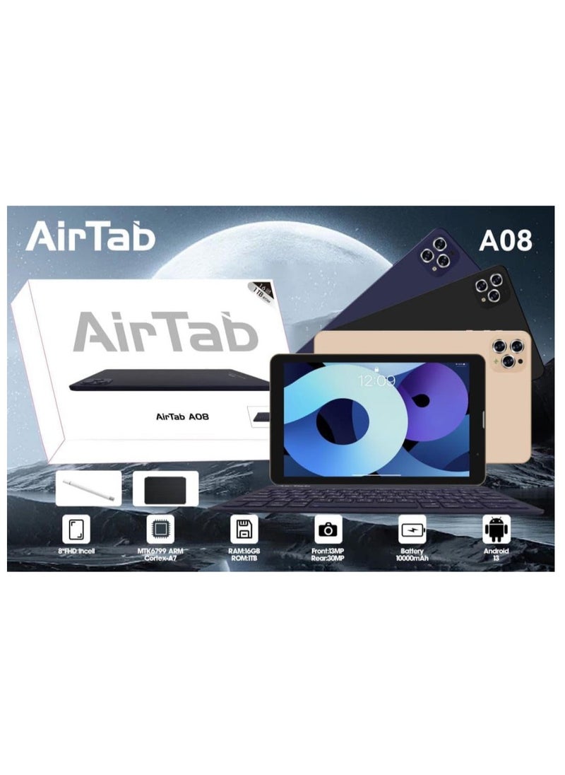 AirTab - 8 -Inch Smart Tablet A08 Android 13 Tablet With 1TB Storage and 16GB RAM Quad Core Wi-Fi LTE Dual Sim with Keyboard - BLACK - Image 1