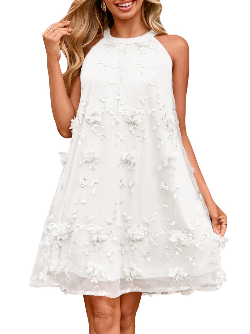Simplee Women Halter Homecoming Dress 2026 Summer Wedding Guest Formal Mini Dress Flowy A Line Tulle Cocktail Dresses (White L) - Image 1