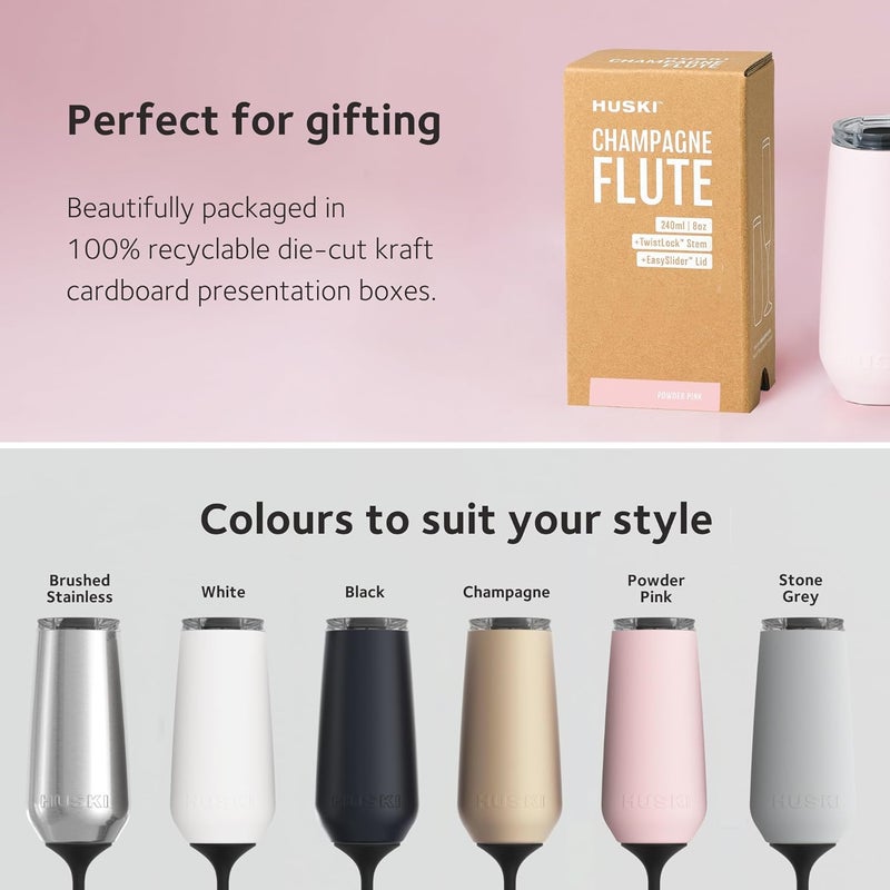 Huski Champagne Flute | NEW | Award-winning Design with Detachable Stem | Premium Stainless Steel Champagne Glass with Lid | Triple Insulated Tumbler | 8oz Capacity | Great Gift (Powder Pink) - Image 5