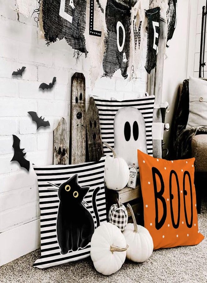 GEEORY Halloween Pillow Covers 18 x 18 Inch Set of 4, Striped Polka Dot Spooky Ghost Black Cat Boo Eek Decorative Throw Pillowcases Indoor Holiday Decoration for Home Party Sofa Couch G0116-18 - Image 2