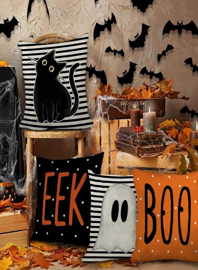 GEEORY Halloween Pillow Covers 18 x 18 Inch Set of 4, Striped Polka Dot Spooky Ghost Black Cat Boo Eek Decorative Throw Pillowcases Indoor Holiday Decoration for Home Party Sofa Couch G0116-18 - Image 3