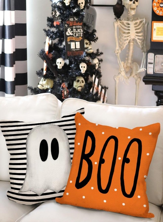 GEEORY Halloween Pillow Covers 18 x 18 Inch Set of 4, Striped Polka Dot Spooky Ghost Black Cat Boo Eek Decorative Throw Pillowcases Indoor Holiday Decoration for Home Party Sofa Couch G0116-18 - Image 4