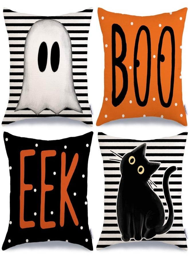 GEEORY Halloween Pillow Covers 18 x 18 Inch Set of 4, Striped Polka Dot Spooky Ghost Black Cat Boo Eek Decorative Throw Pillowcases Indoor Holiday Decoration for Home Party Sofa Couch G0116-18 - Image 1