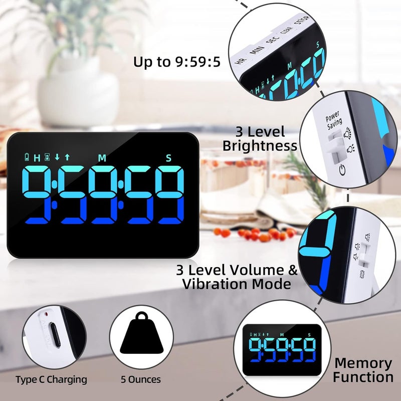 PERSUPER Kitchen Digital Timer, Count Down Up, Rechargeable, Vibration Mode Adjustable Volume and Brightness LED Display, Time Management Cook, Desk, Kids Adults Study Teaching, Kitchen Gadgets - Image 2
