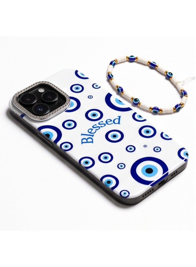 Portable Case Rope Evil Eye Pattern Protective Case with Beaded Wrist Strap Compatible with iPhone 13 Pro Max - Image 4