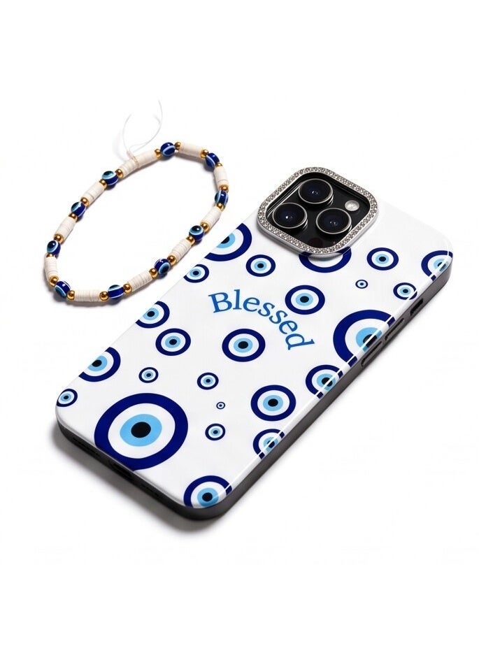 Portable Case Rope Evil Eye Pattern Protective Case with Beaded Wrist Strap Compatible with iPhone 13 Pro Max - Image 2