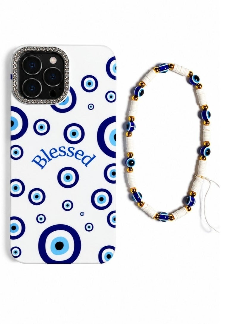 Portable Case Rope Evil Eye Pattern Protective Case with Beaded Wrist Strap Compatible with iPhone 13 Pro Max - Image 1